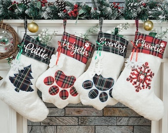Personalized Plaid Pet Paw Christmas Stocking with Bone
