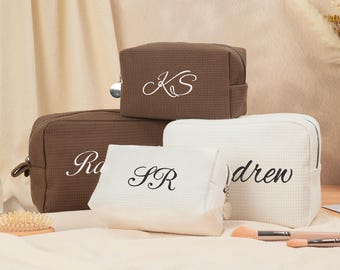 Personalized Waffle Cosmetic Bag, Embroidered Monogram Toiletry Bag, Bridesmaid Gift