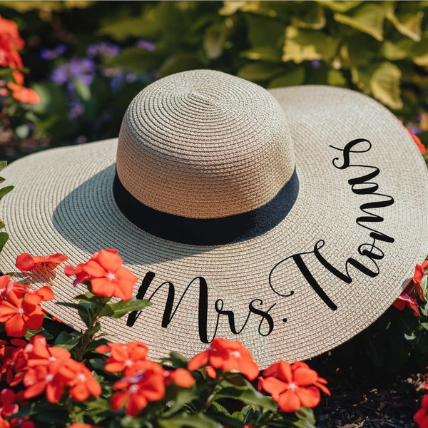 Chapeau de soleil pour mariée personnalisé, chapeau de plage personnalisé, chapeau de plage personnalisé, chapeau de plage de demoiselle d'honneur, cadeau de demoiselle d'honneur, chapeau souple blanc pour lune de miel