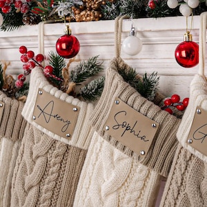 Personalized Knit Christmas Stocking:2026 Engraved Leather Patch Stockings, Family Holiday Decor