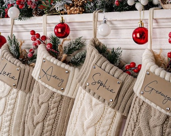 Personalisierter Strick-Weihnachtsstrumpf: Gravierte Lederaufnäher-Strümpfe für 2026, Weihnachtsdekoration für die ganze Familie