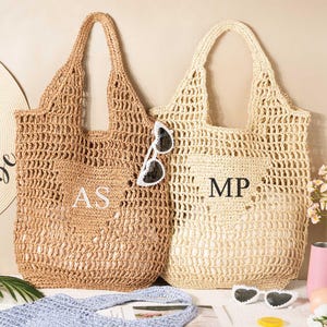 Personalisierte gestickte Strandtasche, Strohtaschen, benutzerdefinierte Initialen Griff Tasche, Brautdusche Tasche, Sackleinen-Einkaufstasche, Partybevorzugung Tasche, Raffia Strandtasche