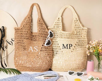 Personalized Straw Beach Tote Bag, Embroidered Initials, Summer Woven Shoulder Bag