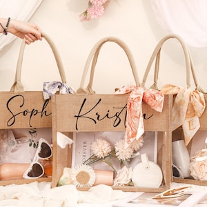 Personalized Bridesmaid Tote Bags,Bachelorette Gift Bag,Burlap Tote With Name,Transparent Beach Tote,Jute Bag,Bridesmaid Gift,Wedding Favors