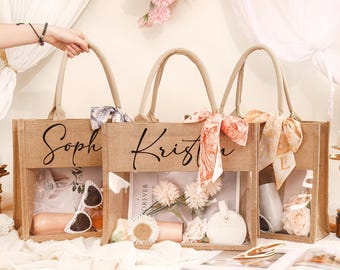 Personalized Bridesmaid Tote Bags,Bachelorette Gift Bag,Burlap Tote With Name,Transparent Beach Tote,Jute Bag,Bridesmaid Gift,Wedding Favors