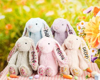 Pelúcia de coelho da Páscoa personalizada, orelhas florais, presente de chá de bebê