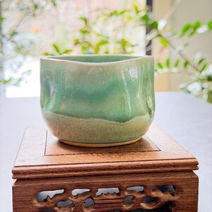 Handmade Pistachio Tea Cup [Wakaba] | Japanese Style Matcha Tea Cup | Artisan Green Ceramic Cup | Triangular Shape | Dimple Design Tea Cup
