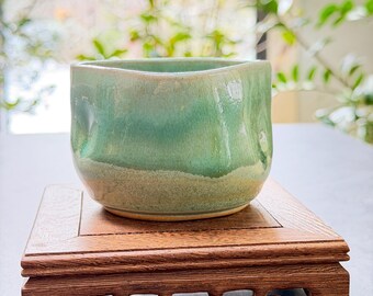 Handmade Pistachio Tea Cup [Wakaba] | Japanese Style Matcha Tea Cup | Artisan Green Ceramic Cup | Triangular Shape | Dimple Design Tea Cup