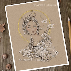 Art Nouveau print, Dogwood Flower, Ink drawing, fairy art, fantasy print