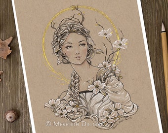 Art Nouveau print, Dogwood Flower, Ink drawing, fairy art, fantasy print