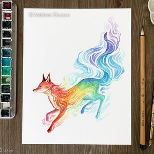 Stampa d&#39;arte volpe arcobaleno, acquerello colorato, arte fantasy, animale del bosco 8x10