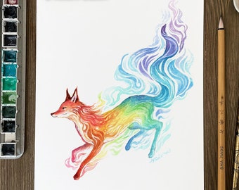 Rainbow fox art print, colorful watercolor, fantasy art, woodland animal 8x10