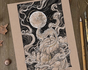 Asian Dragon on a Mountain art print, Dragon art print, Ink drawing, Art Nouveau, moon and stars, 8x10