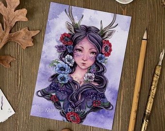 Faun girl Art, fantasy art print, purple art, faerie print, anemone flowers, watercolor art print Meredith Dillman