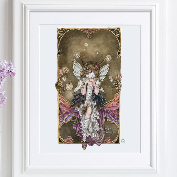 Steampunk art print, anime fairy art, art print poster, illustration, fantasy print, gothic lolita, Gears and Glass, 8x10