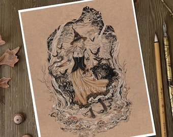 Halloween Witch Dance art print, Bats, Dark Forest,  Ink drawing, fantasy art, 8x10