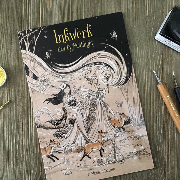 Inkwork : livre Led by Mothlight, artbook de dessin à l'encre, fées, papillons de nuit, art fantastique