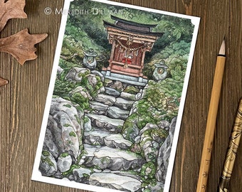 Japanese Forest Art, Japanese Shinto Shrine, woodland, magical, watercolor art print by Meredith Dillman