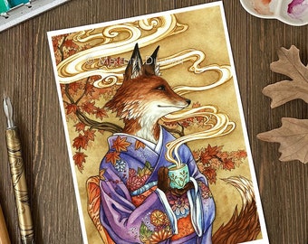 Fox art print, Kitsune, Fox Spirit, Japanese kimono, Autumn leaves, gift for tea drinker, 5x7