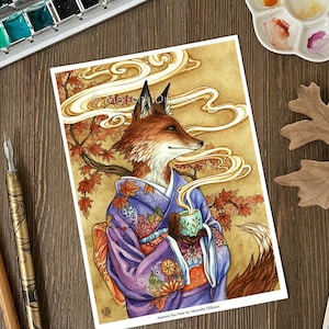 Fox art print, Kitsune, Fox Spirit, Japanese kimono, Autumn leaves, gift for tea drinker, 5x7 image 1
