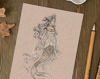 Little Mermaid art, fantasy art print, ink drawing, art deco faerie art print Meredith Dillman
