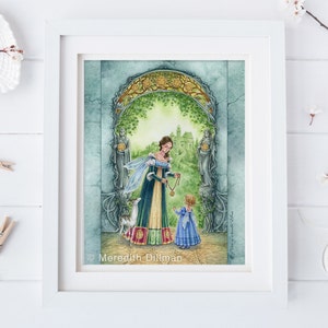 May include: A watercolor painting of a woman in a green and gold dress holding a golden chain with a pendant. She is standing in a doorway with a small girl in a blue dress and a white dog. The background is a green forest with a castle in the distance.