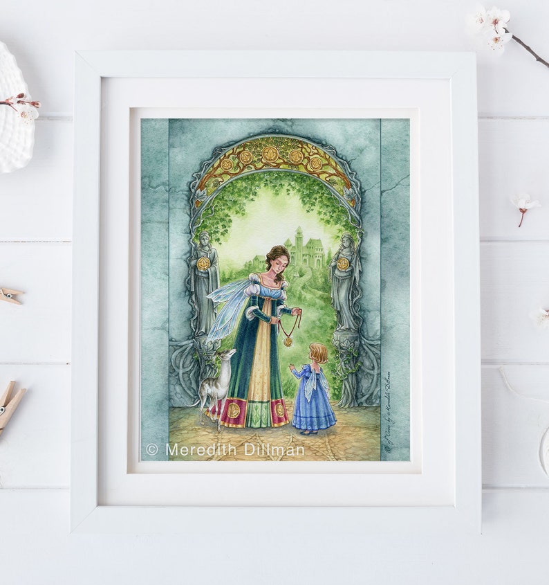 May include: A watercolor painting of a woman in a green and gold dress holding a golden chain with a pendant. She is standing in a doorway with a small girl in a blue dress and a white dog. The background is a green forest with a castle in the distance.