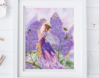 Lilac Flower Fairy art print, Lilac flower, Honey Bees, Spring flowers, fairy poster, fantasy print, 8x10,