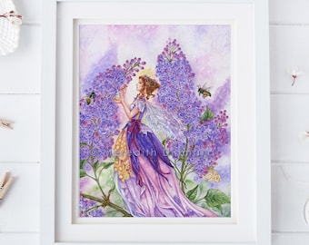 Lilac Flower Fairy art print, Lilac flower, Honey Bees, Spring flowers, fairy poster, fantasy print, 8x10,