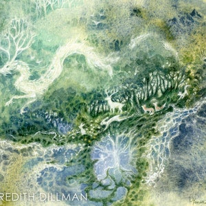 Forest Spirits, Dragon Art, Woodland animals, Deer, Fox, Rabbits, magical watercolor art print by Meredith Dillman image 2