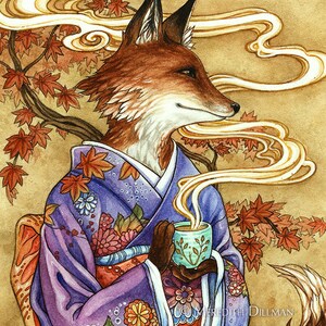 Fox art print, Kitsune, Fox Spirit, Japanese kimono, Autumn leaves, gift for tea drinker, 5x7 image 2