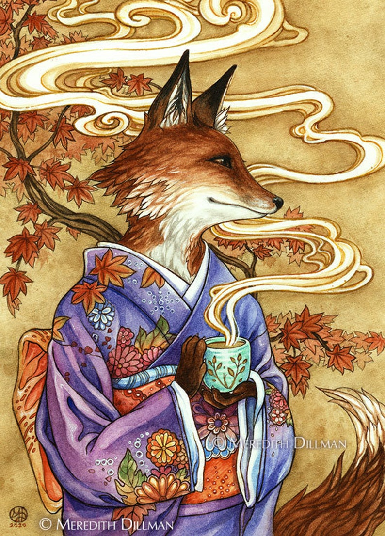 Fox art print, Kitsune, Fox Spirit, Japanese kimono, Autumn leaves, gift for tea drinker, 5x7 image 2