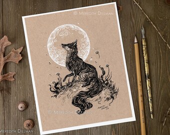 Fox moon, fox art print, ink drawing, moon and stars, meredith dillman, 8x10 print