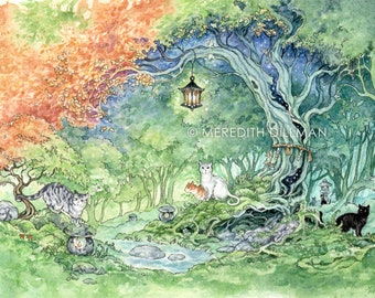 Dream of Cats, Japanese Forest, Cat art print, watercolor art, 8x10, Meredith Dillman