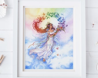 Rainbow fairy, Rainbow art, watercolor art print, Iris flowers, butterflies,  illustration