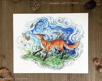 Fantasy Art Watercolor Print - Magical Fox with Butterflies - fox. moth. enchanted. woodland. whimsical.