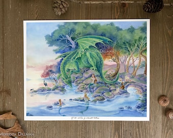 Dragon art print, Mermaid art, fox, fairy tale forest, fantasy art print, 8x10, Art for Kids