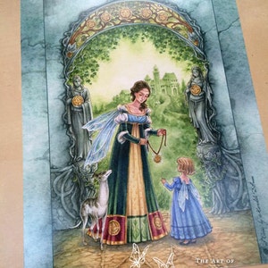 May include: A fairytale illustration of a woman in a green and gold dress with a crown, holding a golden chain with a pendant. She is standing in a stone archway with a small girl in a blue dress and a white dog. The background is a green forest with a castle in the distance. The text "The Art of Meredith Dillman" is at the bottom of the image.