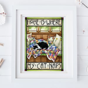 Cat art print, Home is Where My Cat Naps, 8x10, tuxedo cat, cat lover, Craftsman style