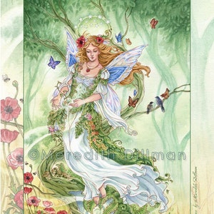 May include: A watercolor painting of a fairy with blue wings and a white dress, surrounded by flowers and butterflies. The fairy is standing on a tree branch with a green background. The painting is signed "Meredith Dillman".