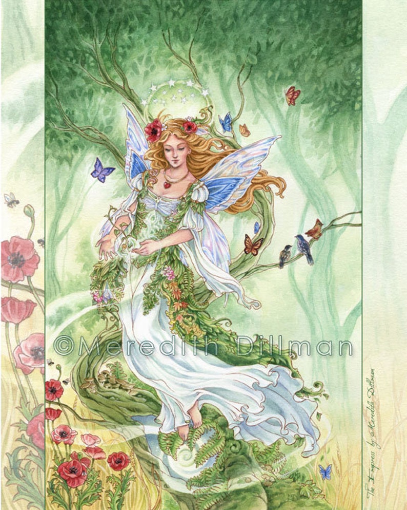 May include: A watercolor painting of a fairy with blue wings and a white dress, surrounded by flowers and butterflies. The fairy is standing on a tree branch with a green background. The painting is signed "Meredith Dillman".