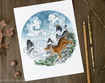 Year of the Tiger art print, Chinese Tea Garden, Ink drawing, watercolor art, tiger art print