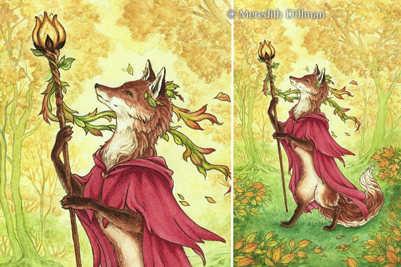 Magical Fox Wizard, Ace of Wands tarot art print, fox art print, Ink drawing, woodland animal 8x10 image 2