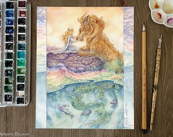 Strength tarot art print, Dragon art print, Lion, tarot art, Lion, Sea serpent, Art Nouveau, love and compassion 8x10