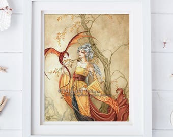 Lady and Dragon, mother of dragons, dragon art, golden elf poster, fantasy print, watercolor illustration