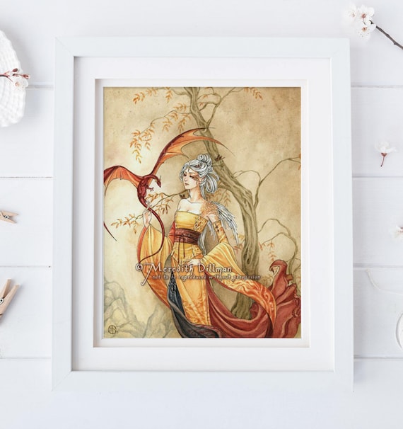 Lady and Dragon, mother of dragons, dragon art, golden elf poster, fantasy print, watercolor illustration