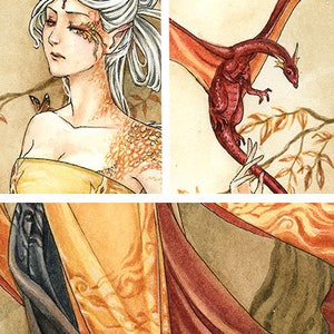 Op de afbeelding: Een aquarel schilderij van een vrouw met wit haar en een draak. De vrouw draagt een gele en oranje jurk met een rode en oranje cape. De draak is rood en oranje en heeft zijn vleugels uitgespreid. Het schilderij is gesigneerd met "MEREDITH DILLMAN".