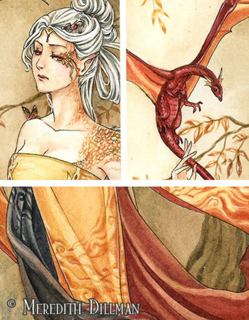 Op de afbeelding: Een aquarel schilderij van een vrouw met wit haar en een draak. De vrouw draagt een gele en oranje jurk met een rode en oranje cape. De draak is rood en oranje en heeft zijn vleugels uitgespreid. Het schilderij is gesigneerd met "MEREDITH DILLMAN".