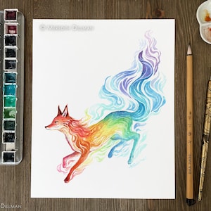 Rainbow Fox art print, colorful watercolor painting, fantasy art print, 8x10