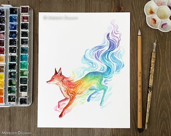 Rainbow Fox art print, colorful watercolor painting, fantasy art print, 8x10